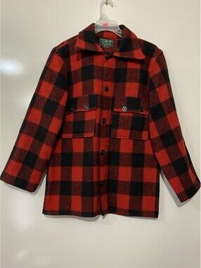 Mens BLACK BEAR Vintage Red/Black Plaid Wool Hunting Coat Sz S